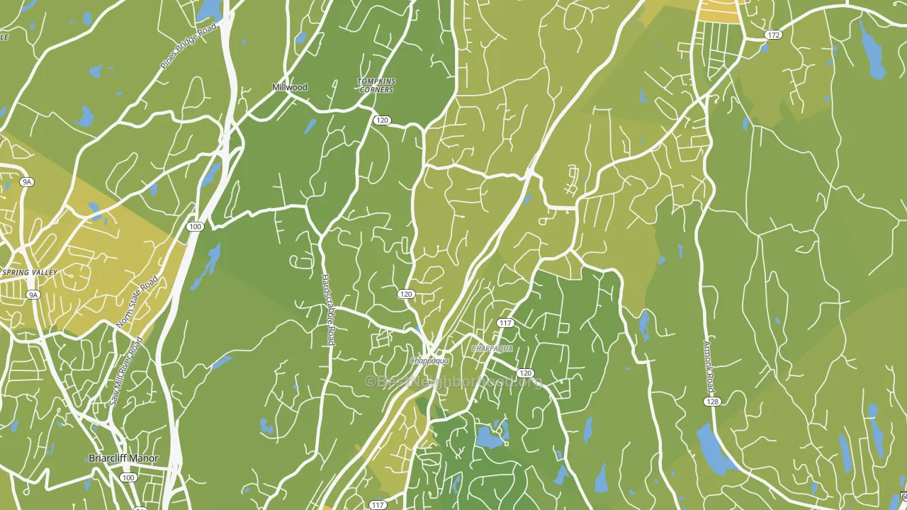 Map of the best neighborhoods in the 10514 area, with better matches in green and worse matches in red