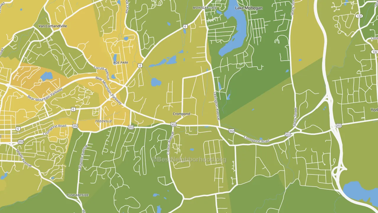 Map of the best neighborhoods in the 10517 area, with better matches in green and worse matches in red