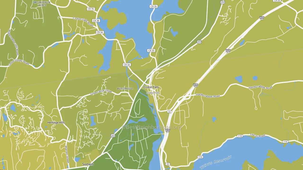 Map of the best neighborhoods in the 10519 area, with better matches in green and worse matches in red