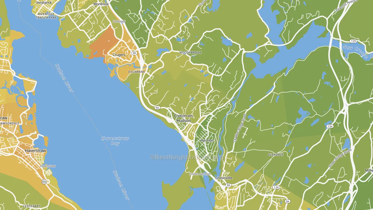 Map of the best neighborhoods in the 10520 area, with better matches in green and worse matches in red