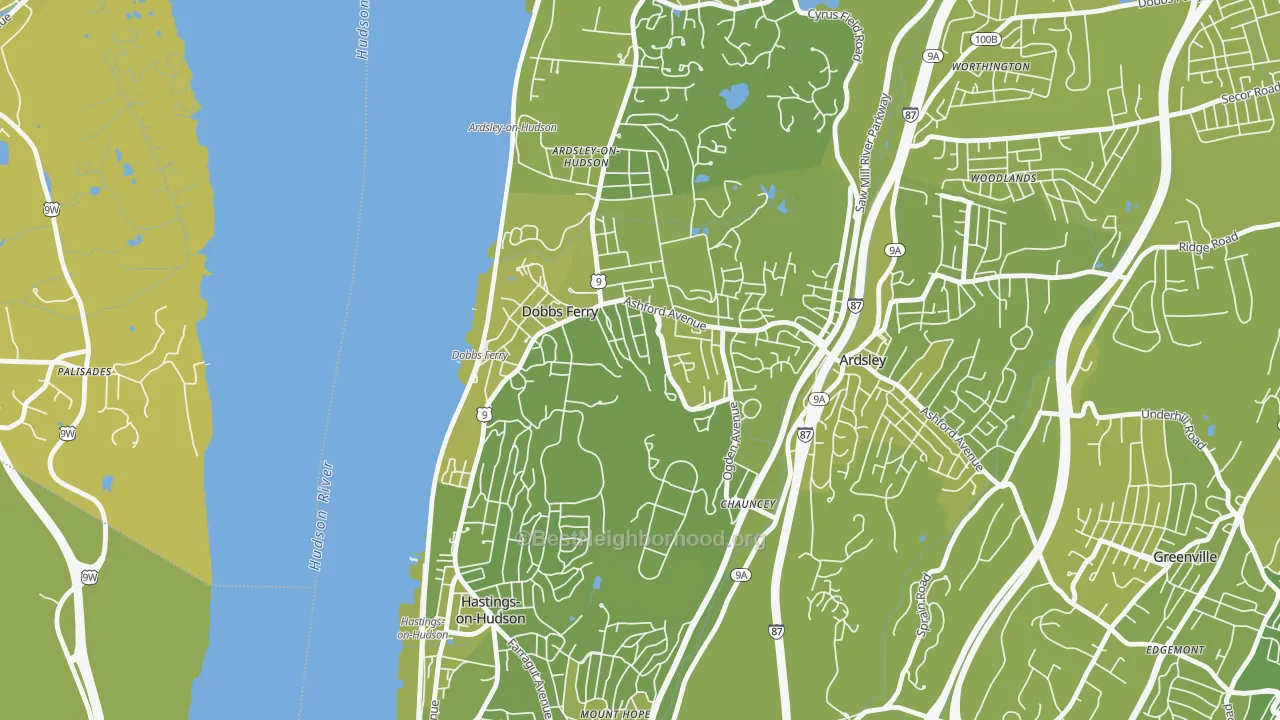 Map of the best neighborhoods in the 10522 area, with better matches in green and worse matches in red