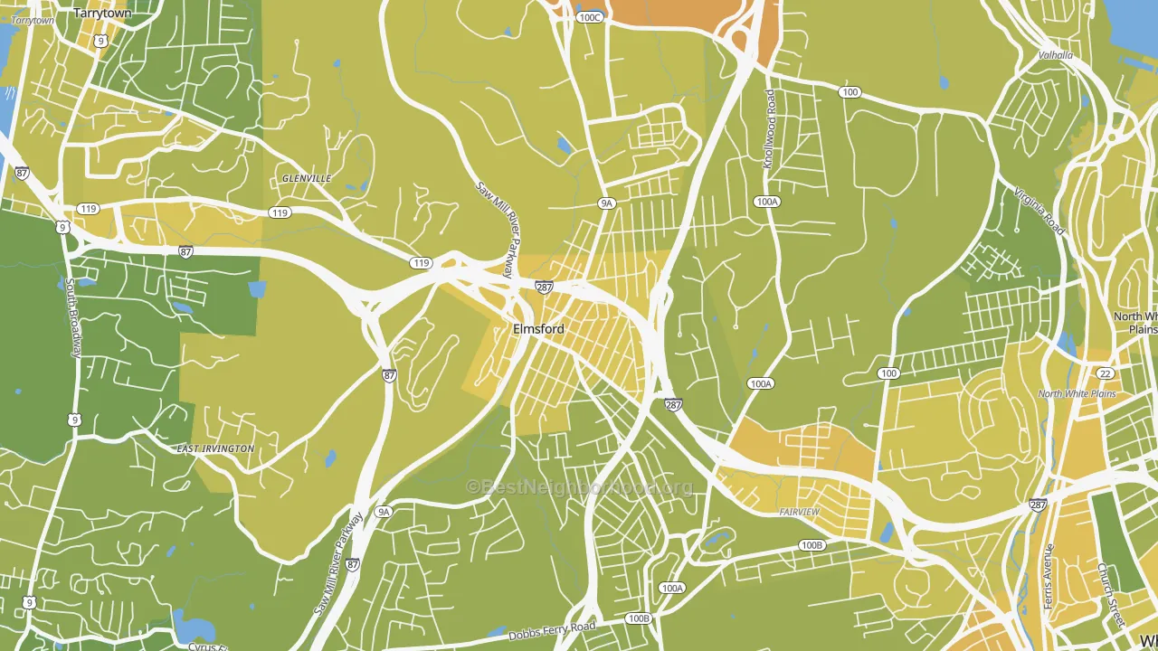 Map of the best neighborhoods in the 10523 area, with better matches in green and worse matches in red