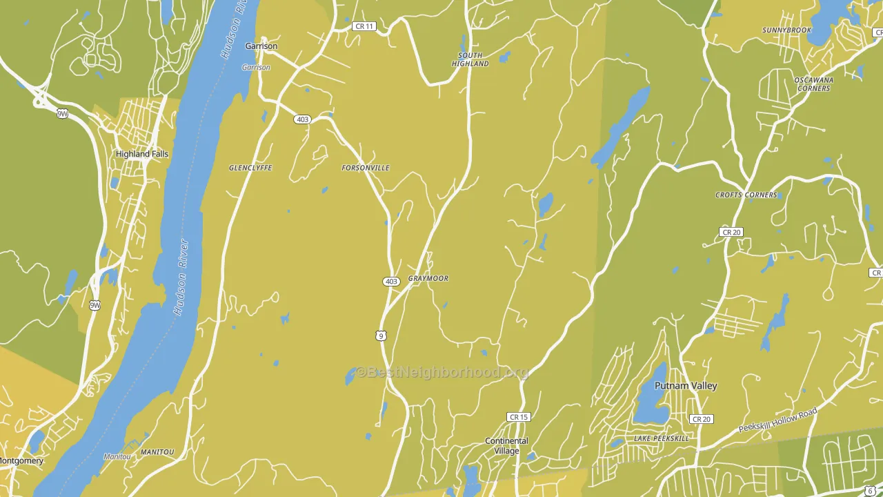 Map of the best neighborhoods in the 10524 area, with better matches in green and worse matches in red