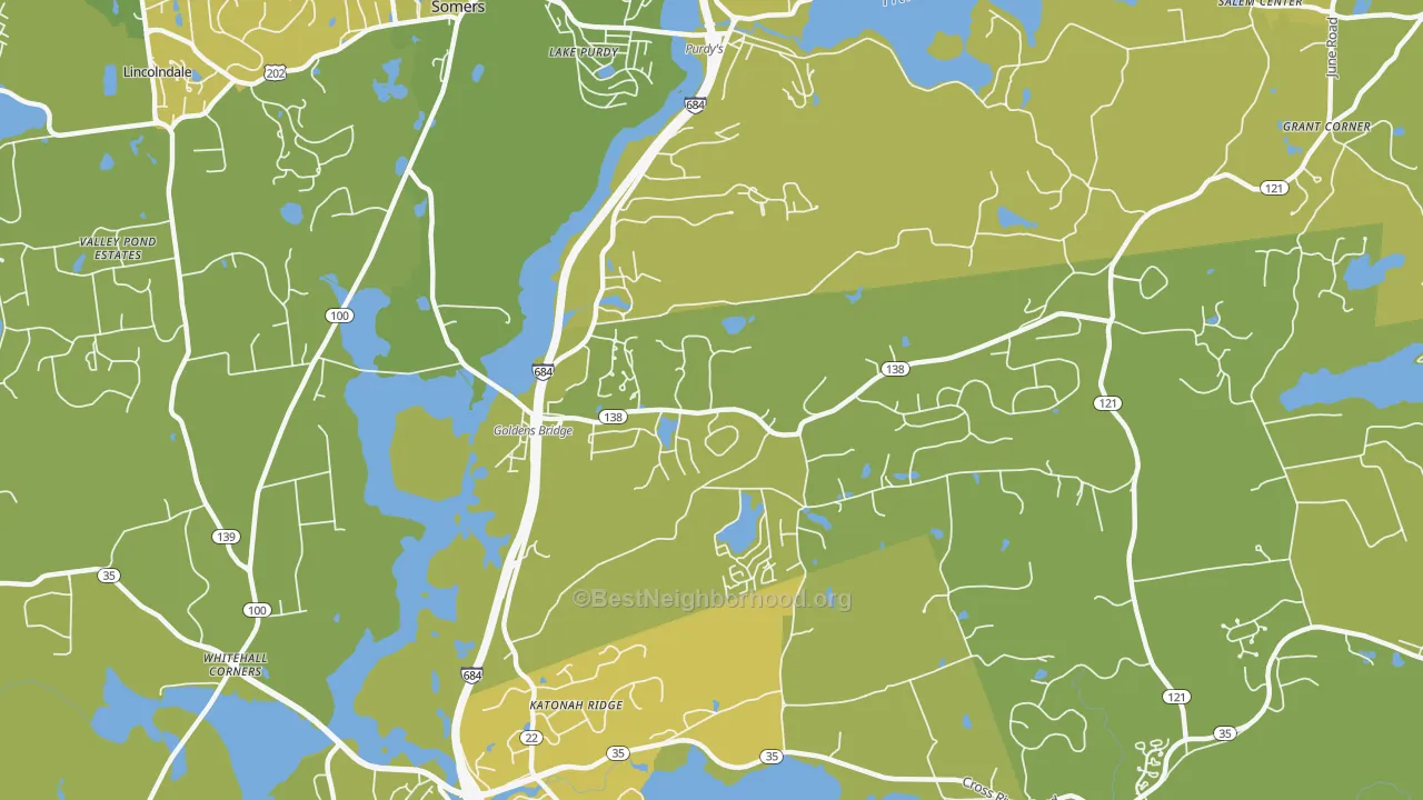 Map of the best neighborhoods in the 10526 area, with better matches in green and worse matches in red