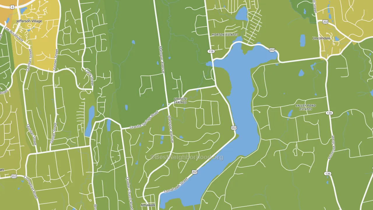 Map of the best neighborhoods in the 10527 area, with better matches in green and worse matches in red