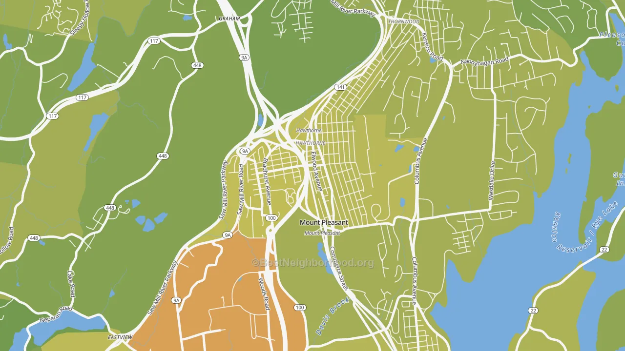 Map of the best neighborhoods in the 10532 area, with better matches in green and worse matches in red