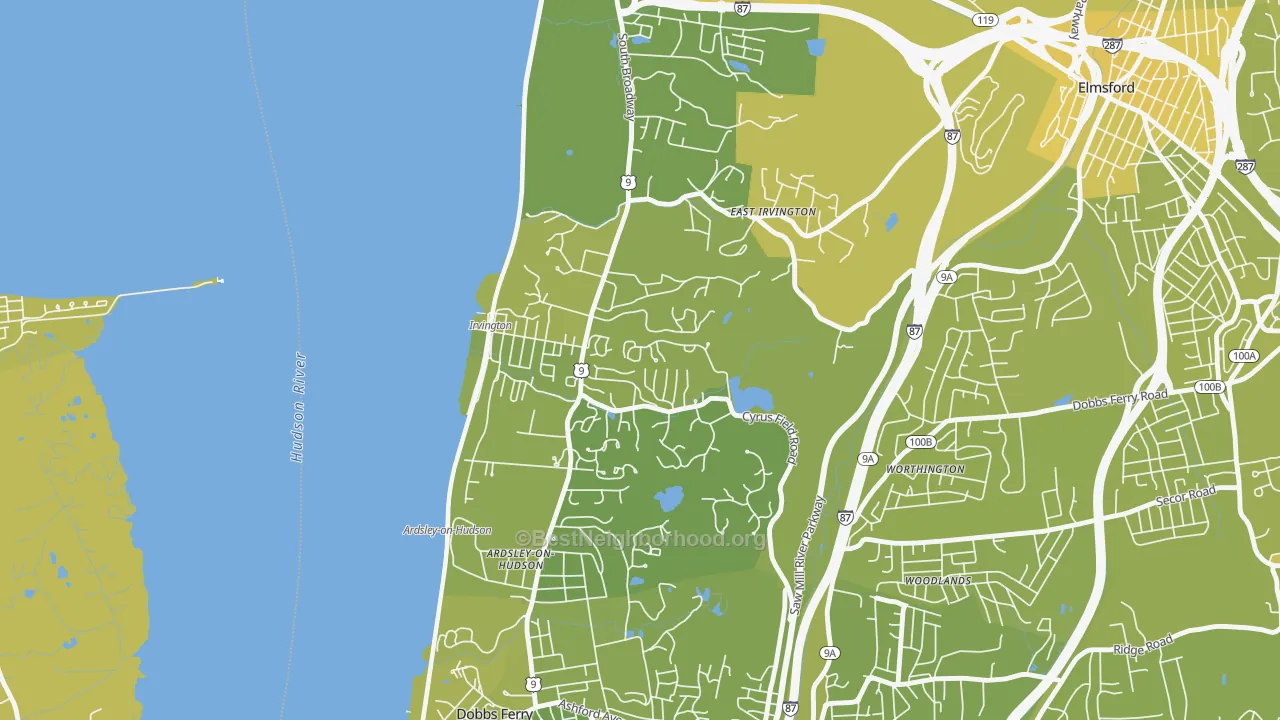 Map of the best neighborhoods in the 10533 area, with better matches in green and worse matches in red