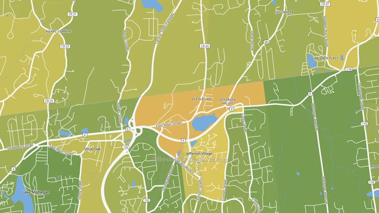 Map of the best neighborhoods in the 10535 area, with better matches in green and worse matches in red