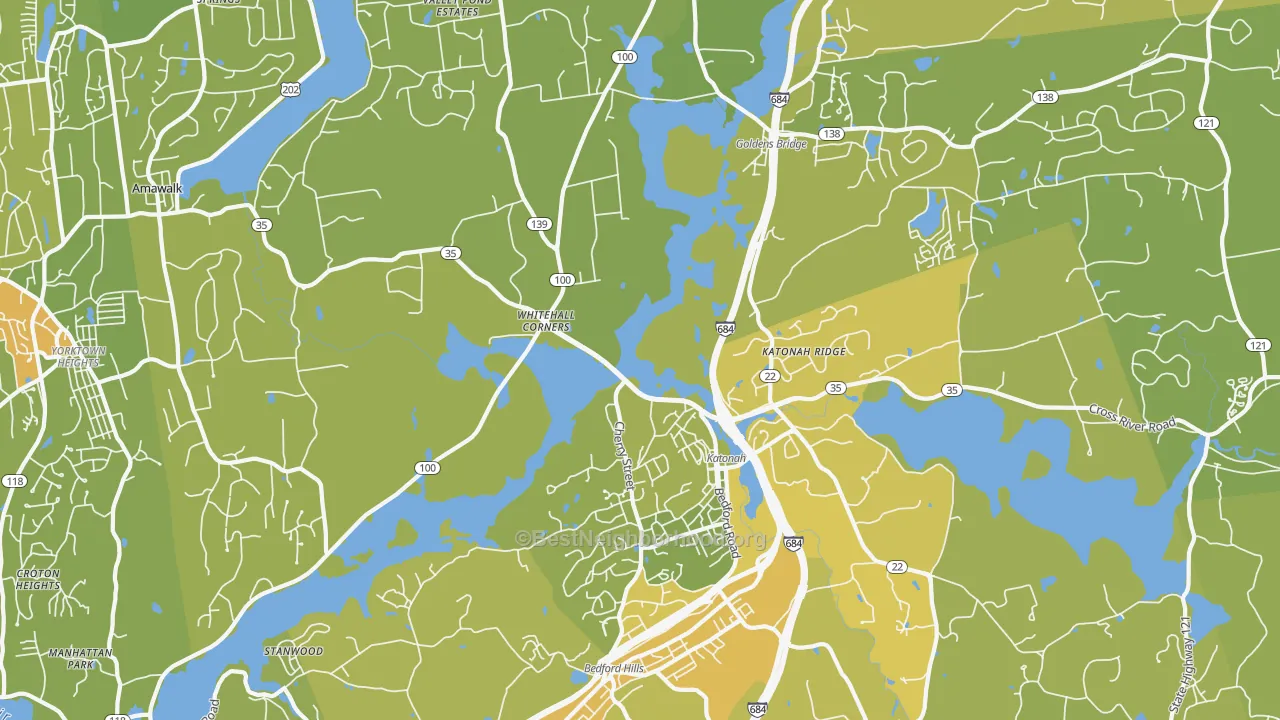 Map of the best neighborhoods in the 10536 area, with better matches in green and worse matches in red