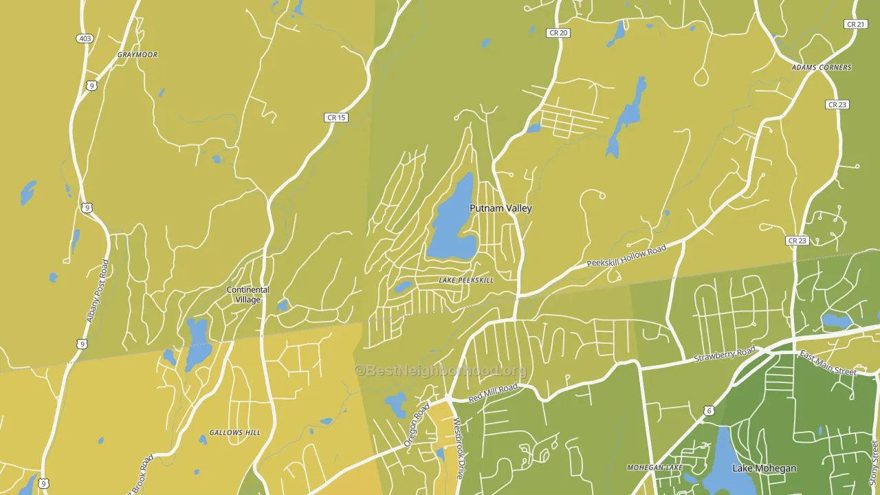 Map of the best neighborhoods in the 10537 area, with better matches in green and worse matches in red