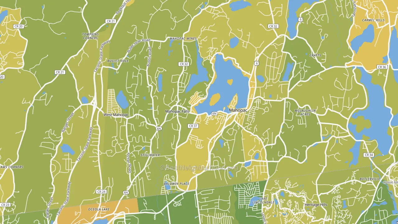 Map of the best neighborhoods in the 10541 area, with better matches in green and worse matches in red