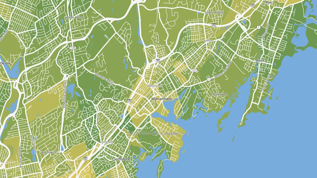 Map of the best neighborhoods in the 10543 area, with better matches in green and worse matches in red