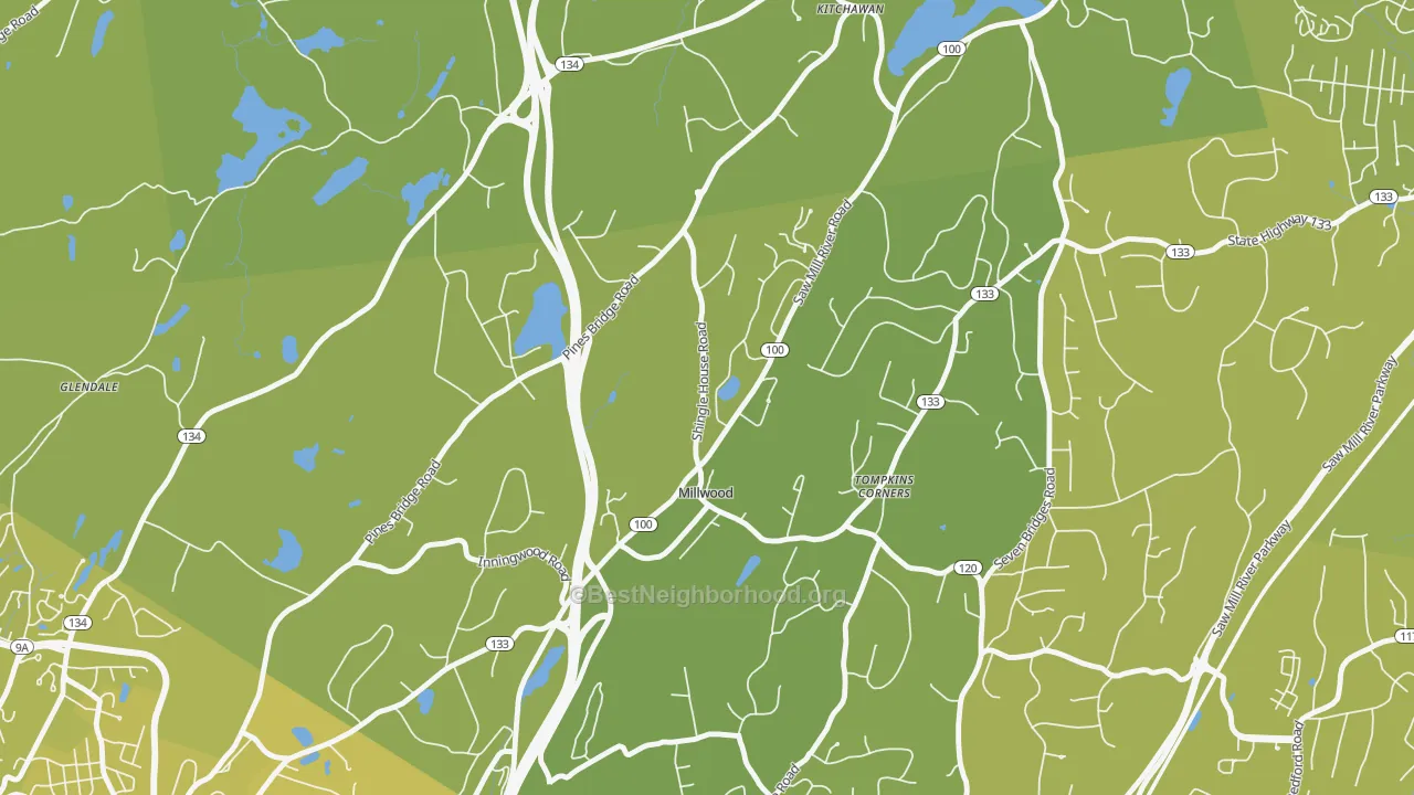 Map of the best neighborhoods in the 10546 area, with better matches in green and worse matches in red