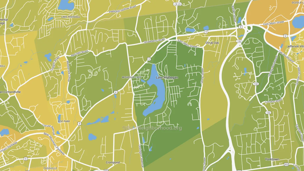 Map of the best neighborhoods in the 10547 area, with better matches in green and worse matches in red