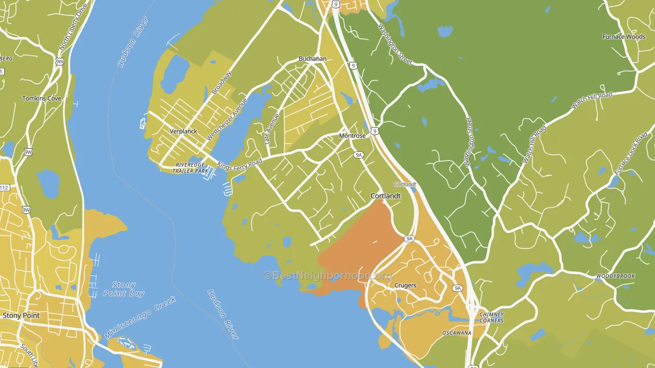 Map of the best neighborhoods in the 10548 area, with better matches in green and worse matches in red
