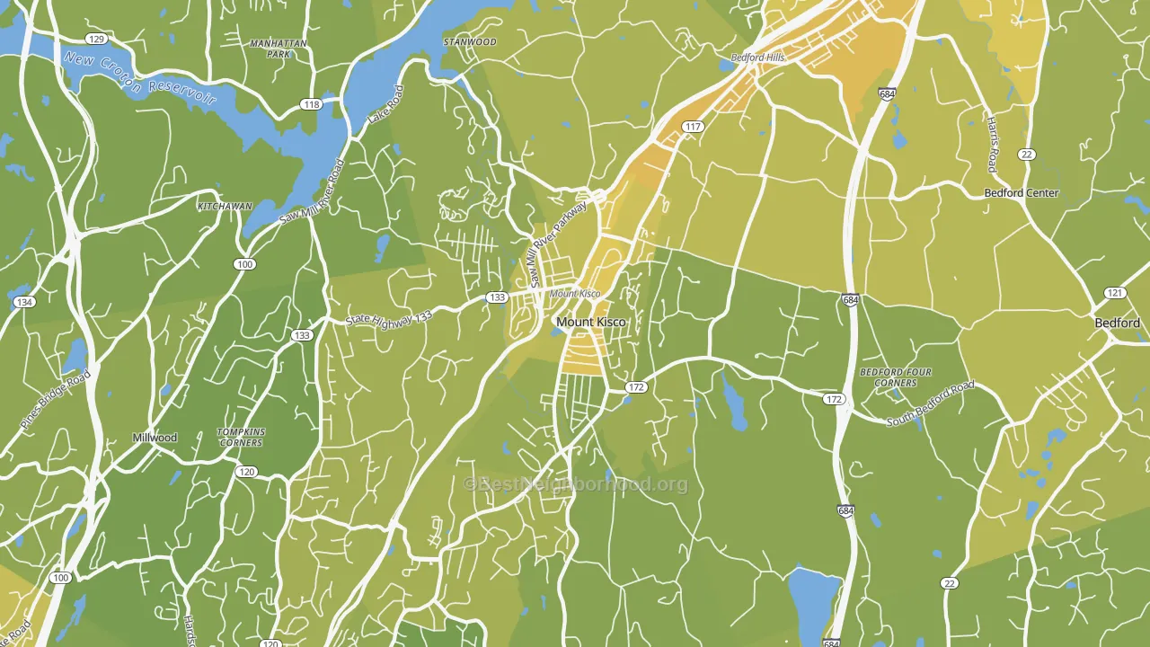 Map of the best neighborhoods in the 10549 area, with better matches in green and worse matches in red