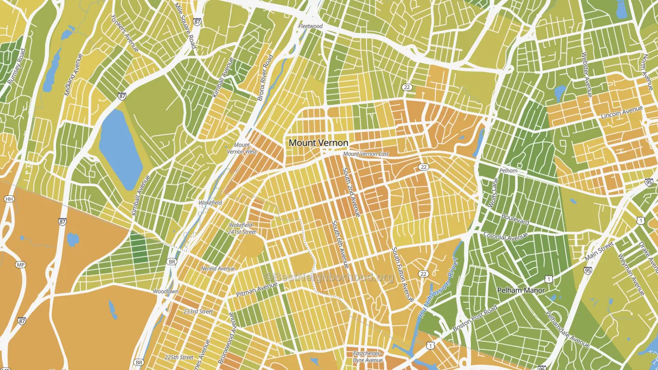 Map of the best neighborhoods in the 10550 area, with better matches in green and worse matches in red