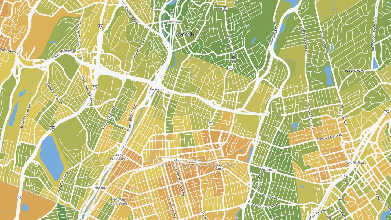 Map of the best neighborhoods in the 10552 area, with better matches in green and worse matches in red