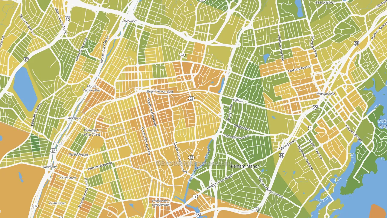 Map of the best neighborhoods in the 10553 area, with better matches in green and worse matches in red