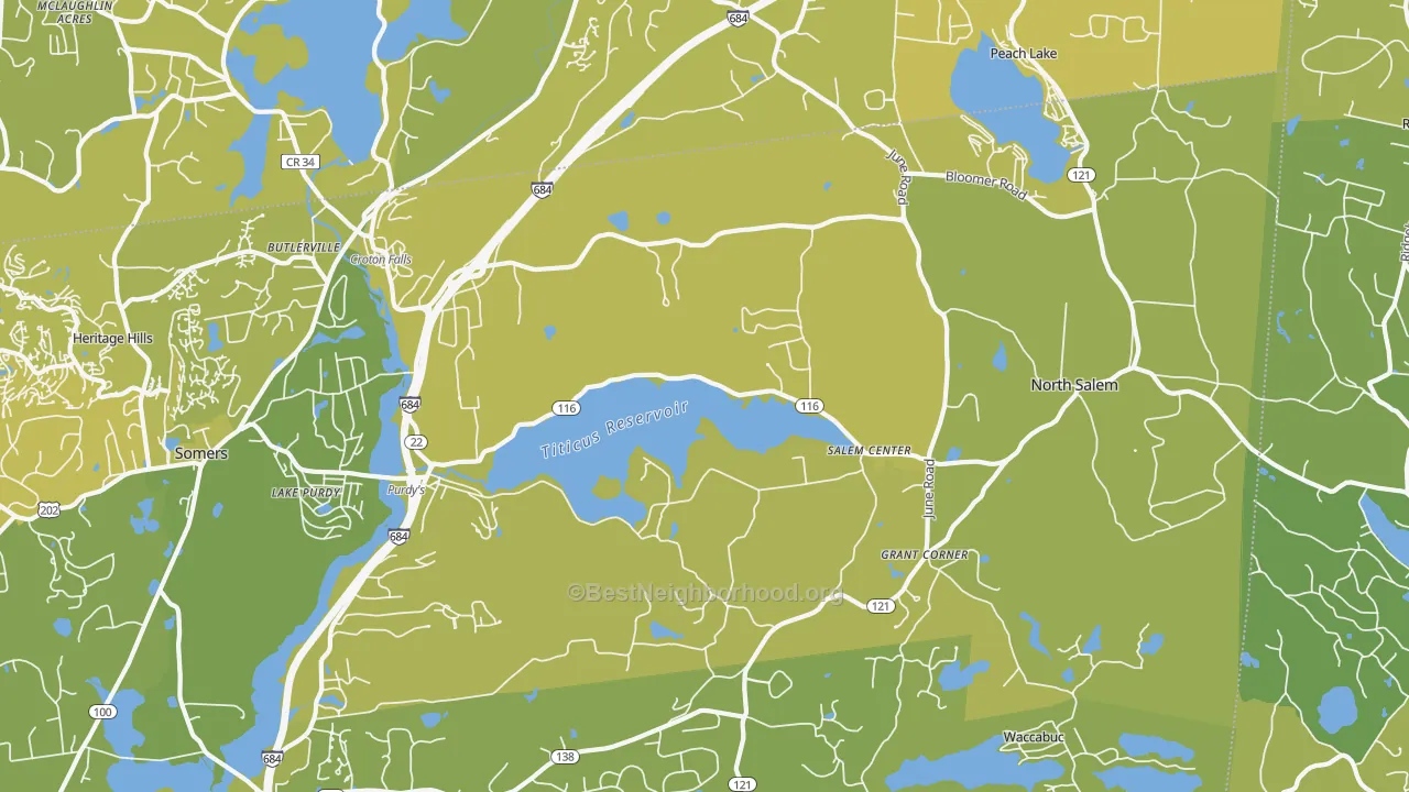 Map of the best neighborhoods in the 10560 area, with better matches in green and worse matches in red