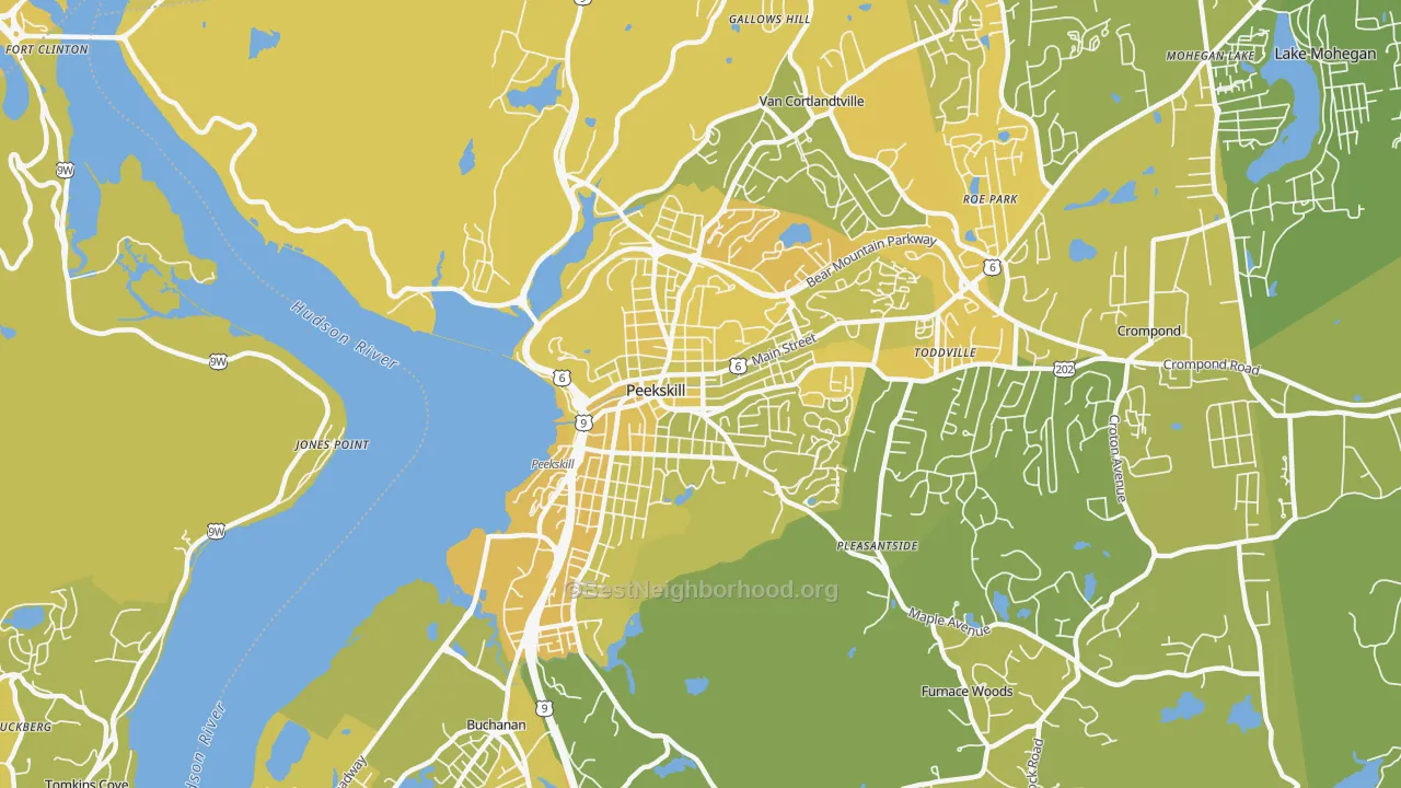 Map of the best neighborhoods in the 10566 area, with better matches in green and worse matches in red