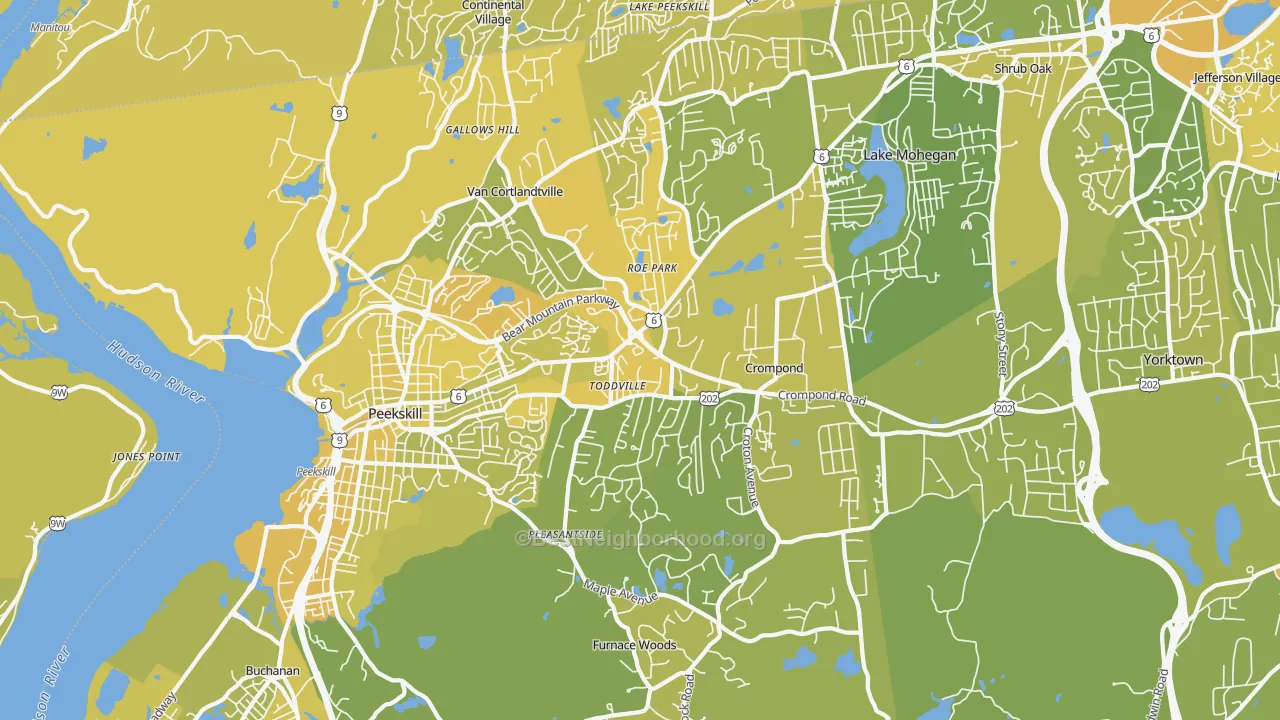 Map of the best neighborhoods in the 10567 area, with better matches in green and worse matches in red
