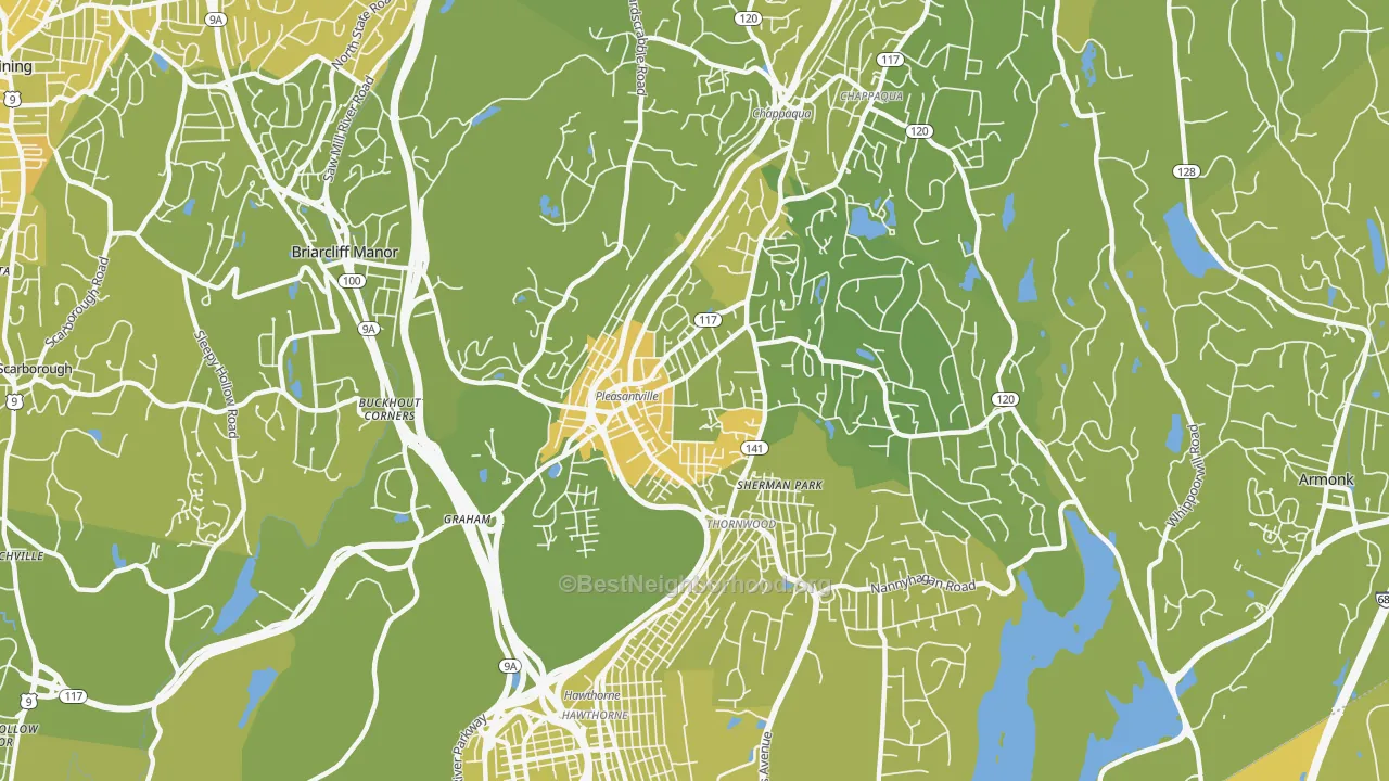 Map of the best neighborhoods in the 10570 area, with better matches in green and worse matches in red