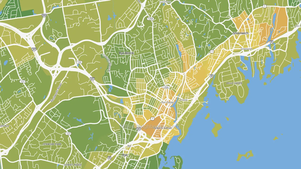 Map of the best neighborhoods in the 10573 area, with better matches in green and worse matches in red
