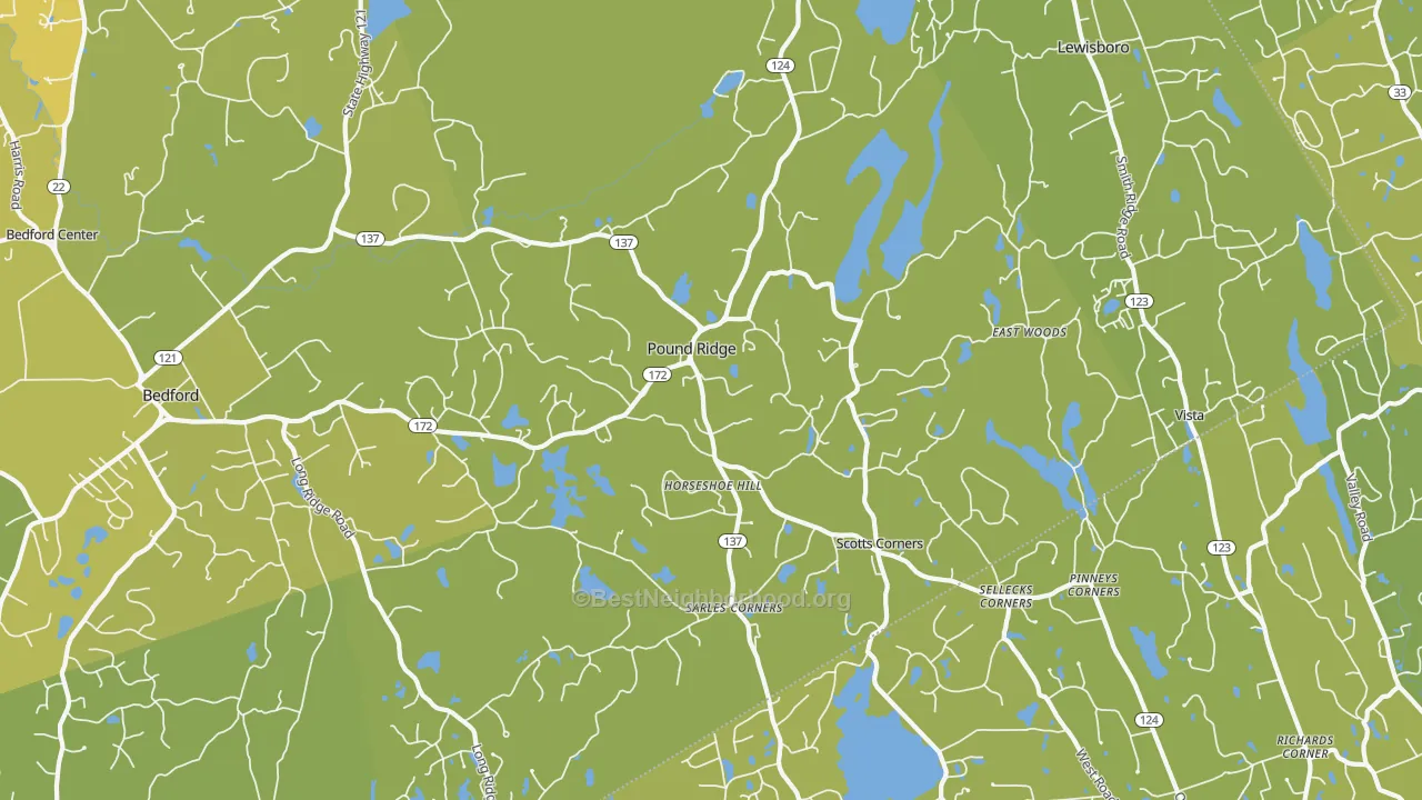 Map of the best neighborhoods in the 10576 area, with better matches in green and worse matches in red