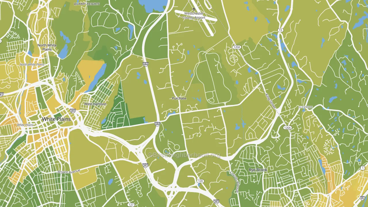 Map of the best neighborhoods in the 10577 area, with better matches in green and worse matches in red