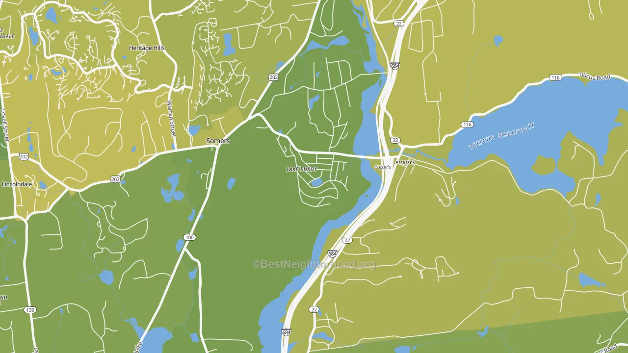 Map of the best neighborhoods in the 10578 area, with better matches in green and worse matches in red