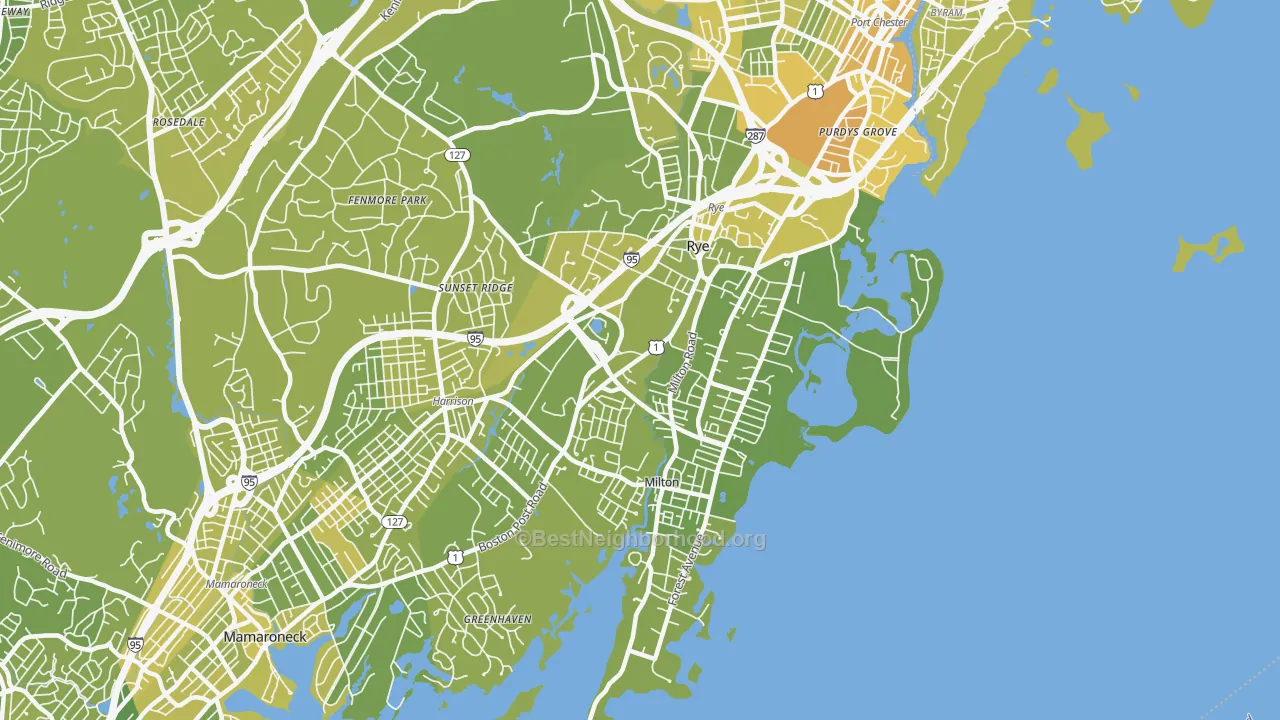 Map of the best neighborhoods in the 10580 area, with better matches in green and worse matches in red