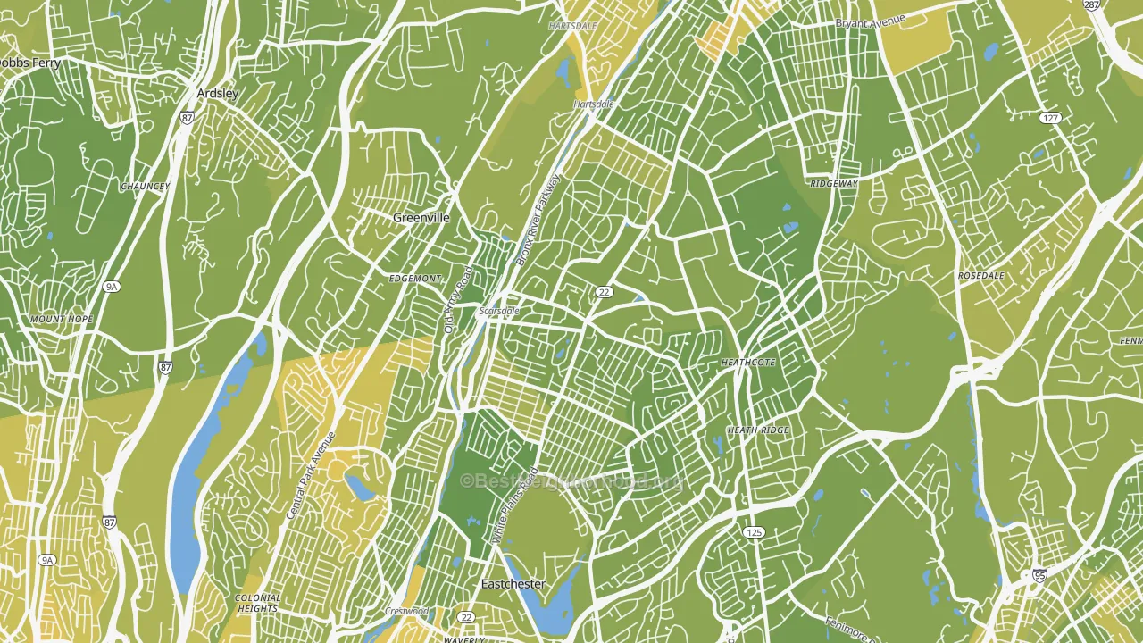 Map of the best neighborhoods in the 10583 area, with better matches in green and worse matches in red