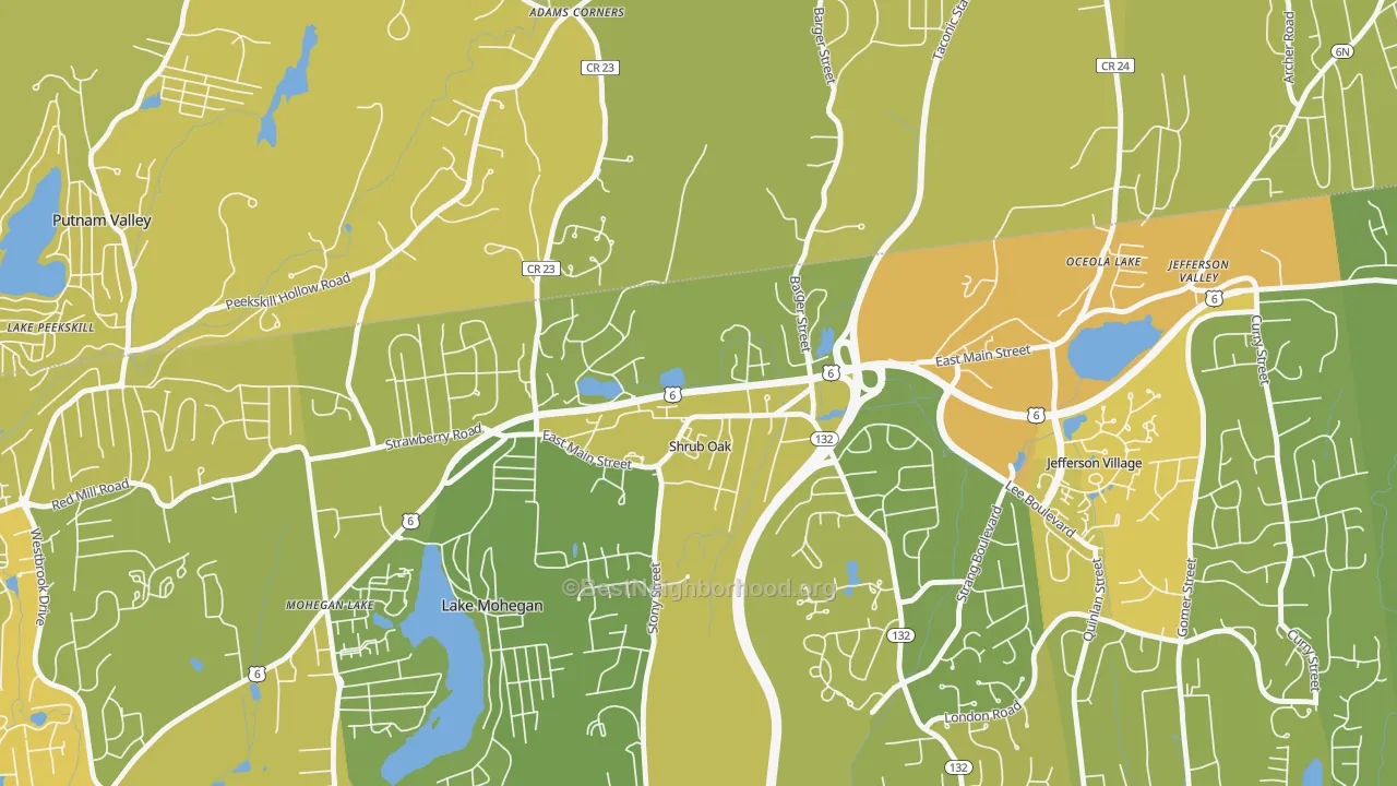 Map of the best neighborhoods in the 10588 area, with better matches in green and worse matches in red
