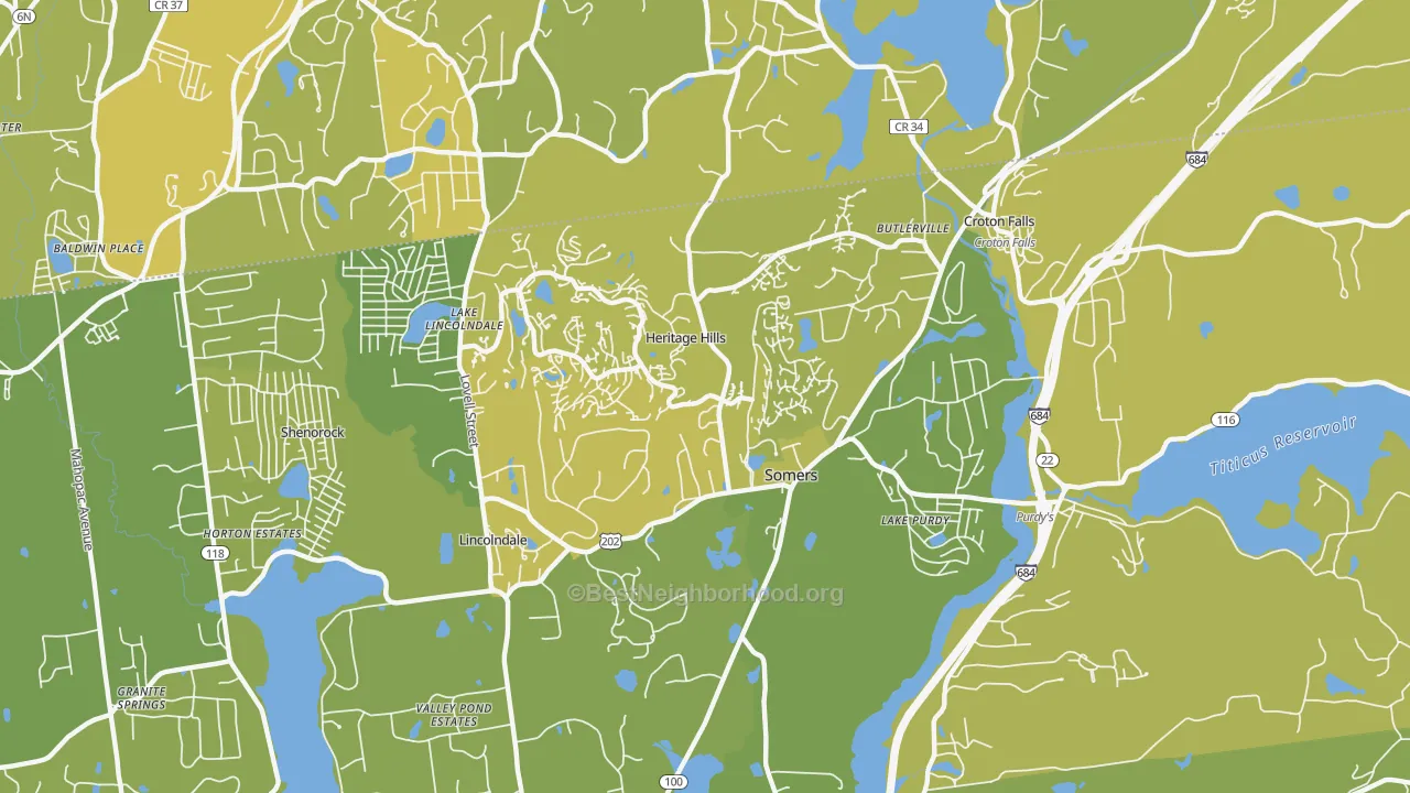 Map of the best neighborhoods in the 10589 area, with better matches in green and worse matches in red