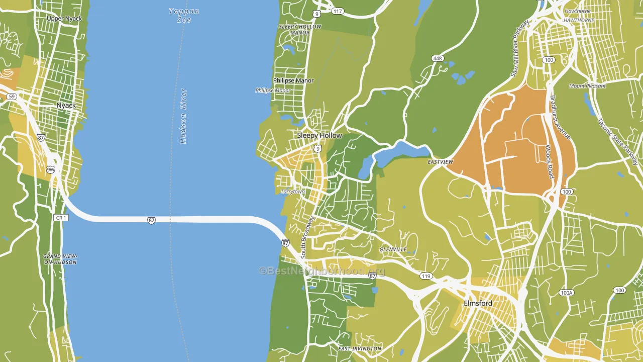 Map of the best neighborhoods in the 10591 area, with better matches in green and worse matches in red