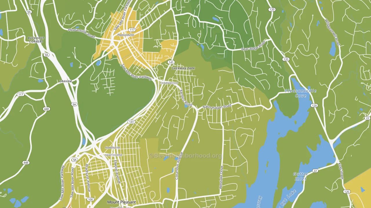 Map of the best neighborhoods in the 10594 area, with better matches in green and worse matches in red
