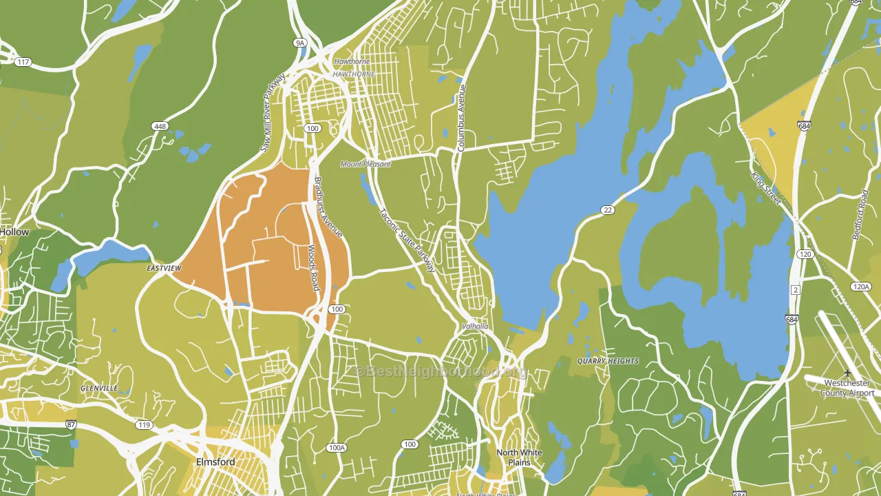 Map of the best neighborhoods in the 10595 area, with better matches in green and worse matches in red