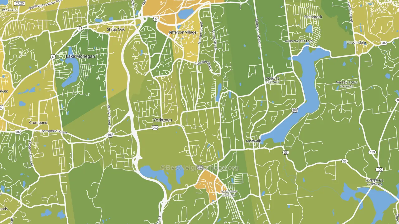 Map of the best neighborhoods in the 10598 area, with better matches in green and worse matches in red