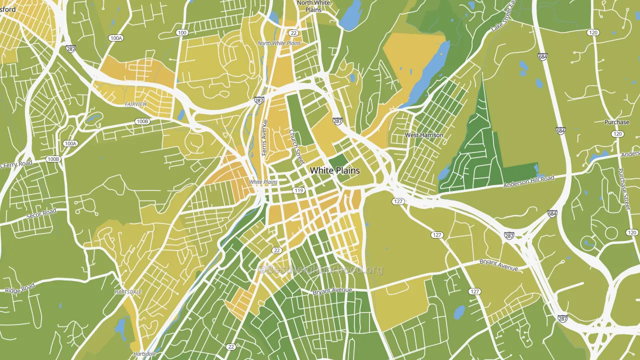 Map of the best neighborhoods in the 10601 area, with better matches in green and worse matches in red