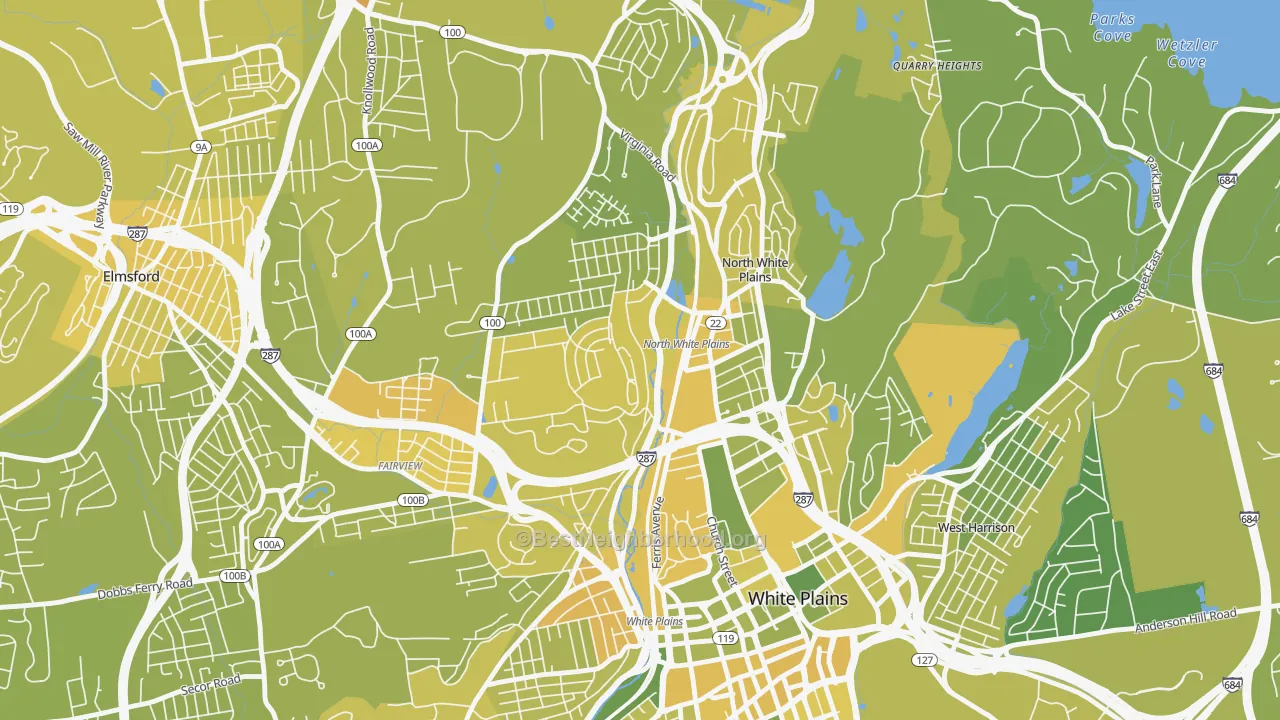 Map of the best neighborhoods in the 10603 area, with better matches in green and worse matches in red