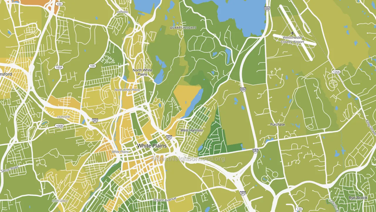 Map of the best neighborhoods in the 10604 area, with better matches in green and worse matches in red