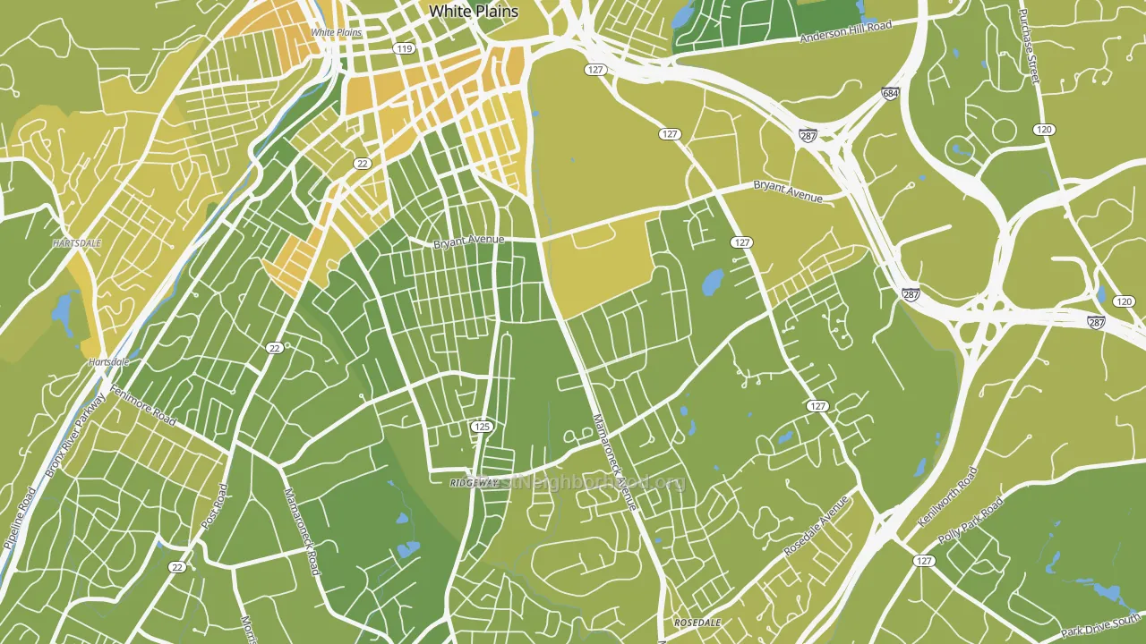 Map of the best neighborhoods in the 10605 area, with better matches in green and worse matches in red