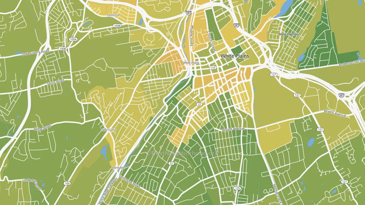 Map of the best neighborhoods in the 10606 area, with better matches in green and worse matches in red