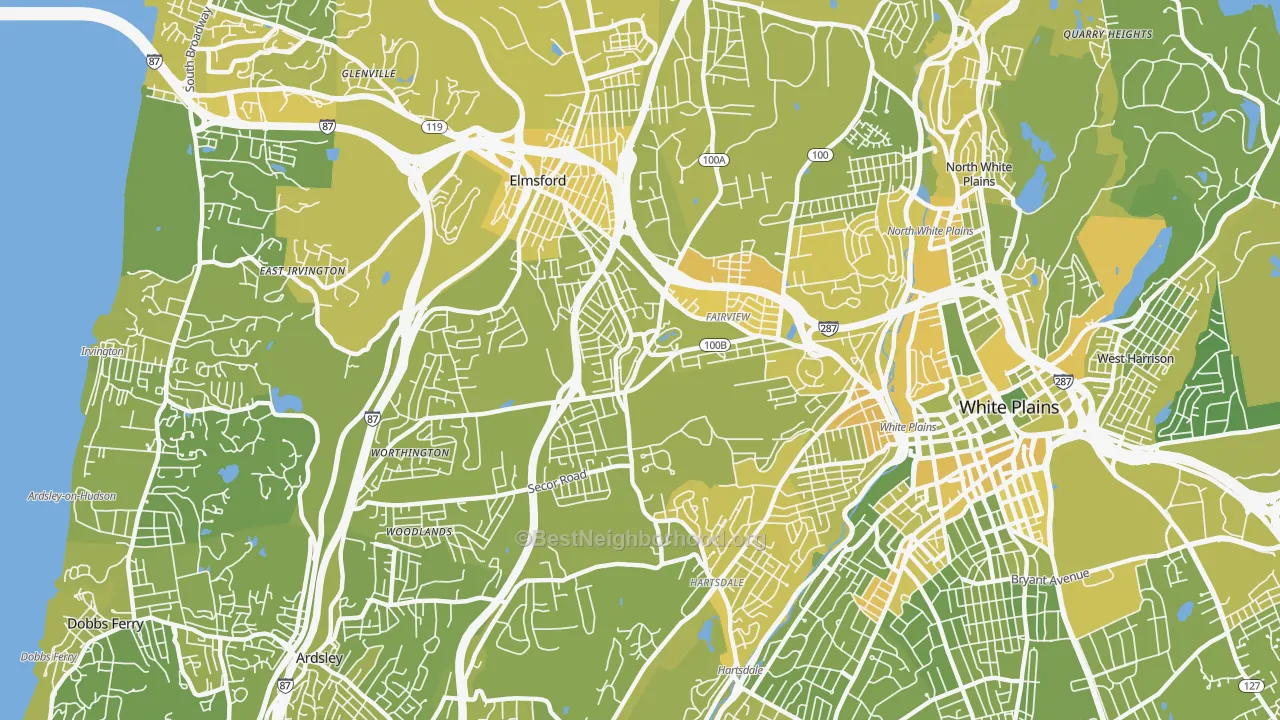 Map of the best neighborhoods in the 10607 area, with better matches in green and worse matches in red
