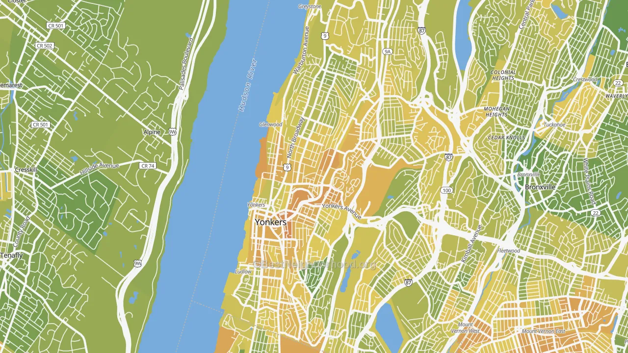 Map of the best neighborhoods in the 10701 area, with better matches in green and worse matches in red