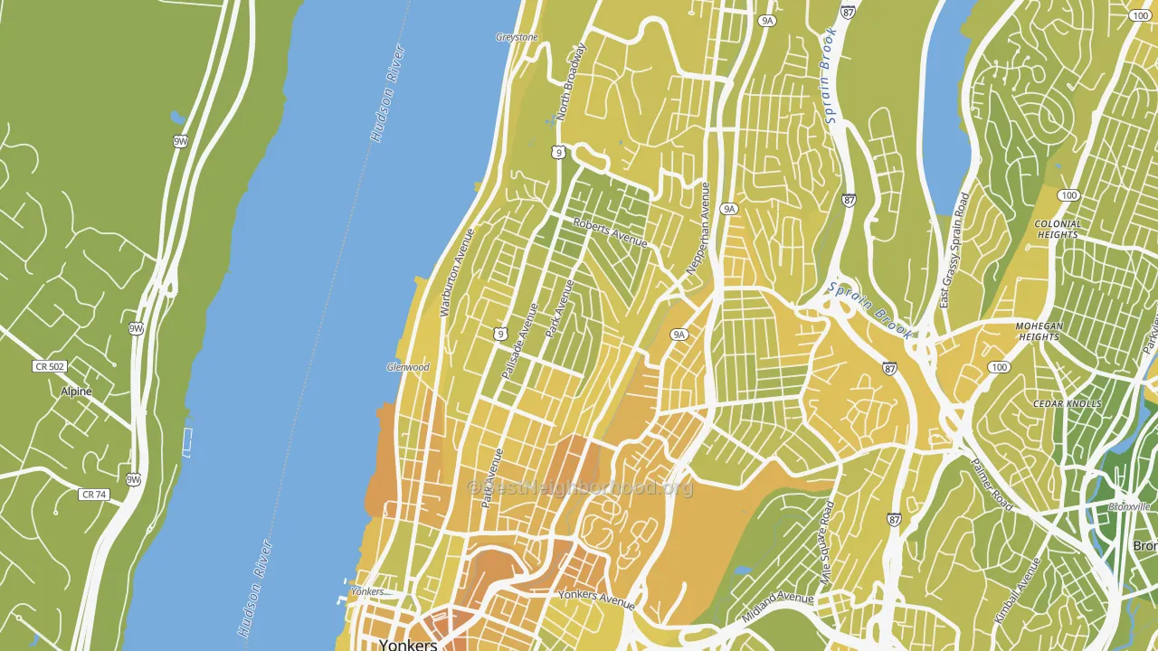 Map of the best neighborhoods in the 10703 area, with better matches in green and worse matches in red