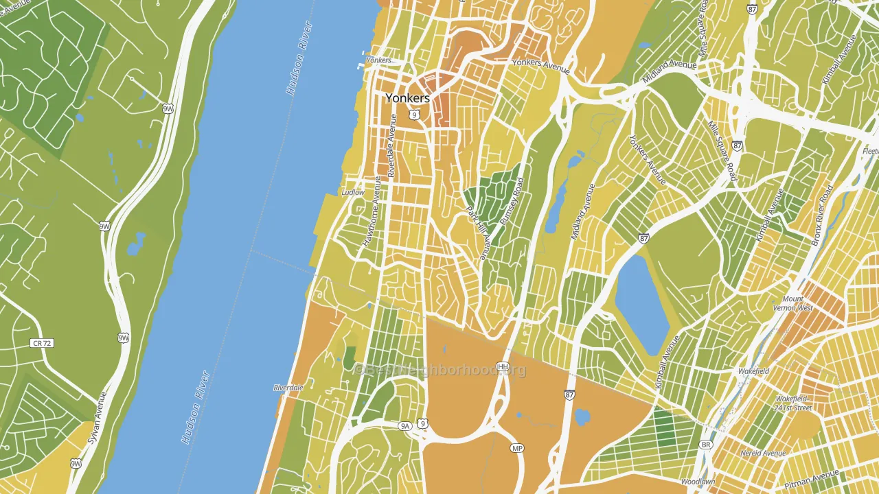 Map of the best neighborhoods in the 10705 area, with better matches in green and worse matches in red