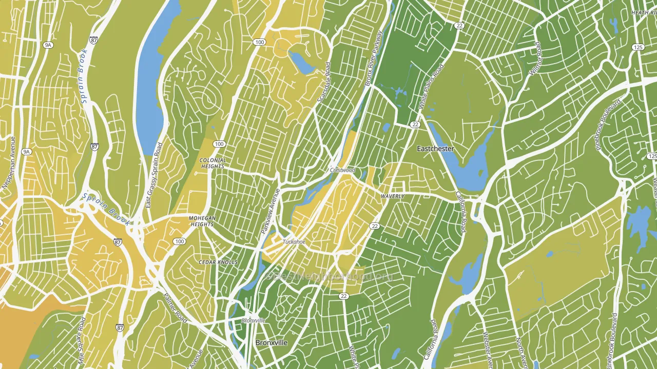 Map of the best neighborhoods in the 10707 area, with better matches in green and worse matches in red