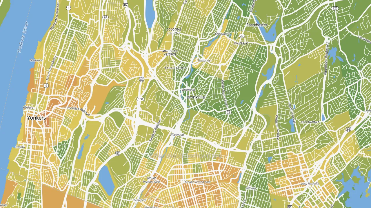 Map of the best neighborhoods in the 10708 area, with better matches in green and worse matches in red
